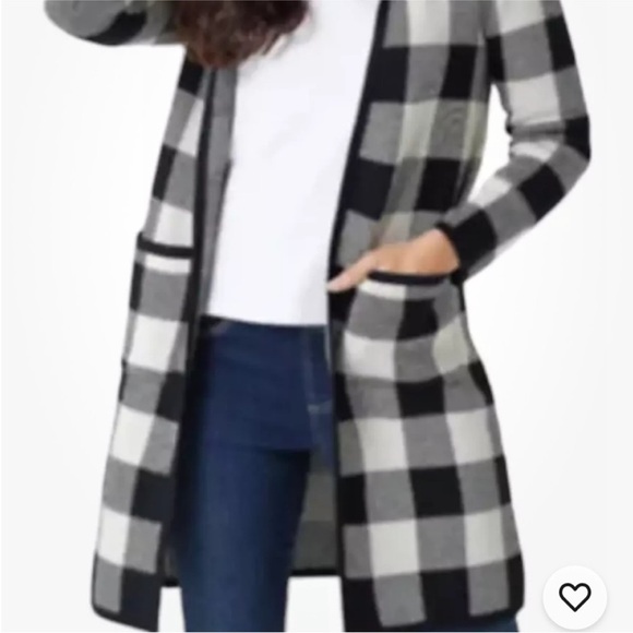 D & Co Jacquard Plaid Open Front Hooded Cardigan Navy Checkered FREE SHIPPING - Picture 2 of 12